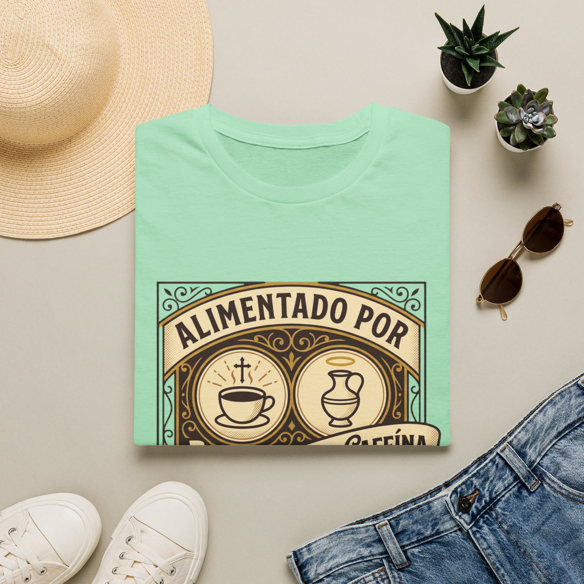 Alimentado por Agua Bendita y Cafeina T-Shirt