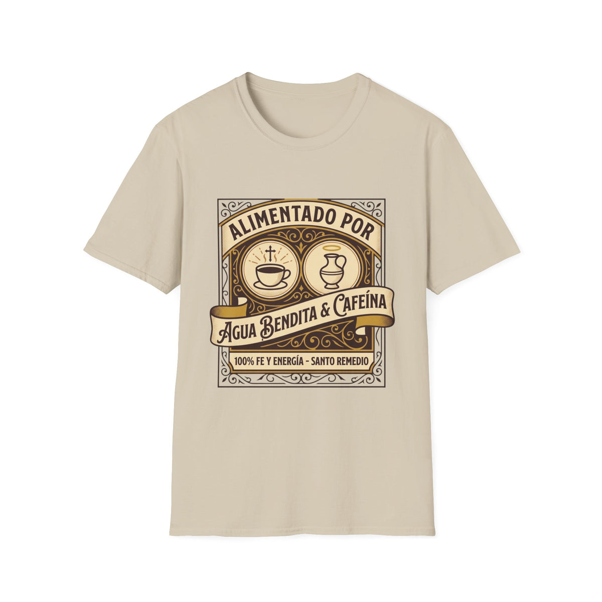 Alimentado por Agua Bendita y Cafeina T-Shirt